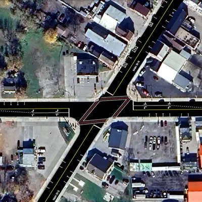 Map of intersection at Main St & Talbot St showing turn lanes added on Talbot St only