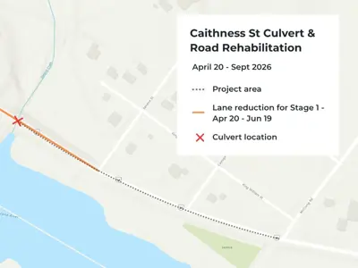 Map of the project area for Caithness St Culvert Rehabilitation from McClung Rd to just past the culvert between Seneca St and Onondaga St