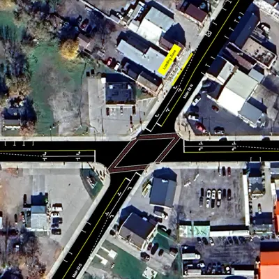 Map of intersection at Main St & Talbot St showing turning lanes on both Main St and Talbot Street