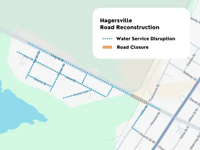Map of the affected area for Hagersville construction highlighting the roads listed in the news post