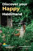 Cover of 2025 'Discover your Happy Haldimand' Guide showing a woman in a flower field