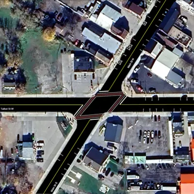 Map of intersection at Main St & Talbot St showing no lane changes from current layout