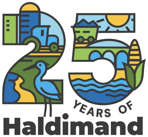 Logo for Haldimand's 25 Anniversary showing a stylized number 25 with illustrated elements of the County within