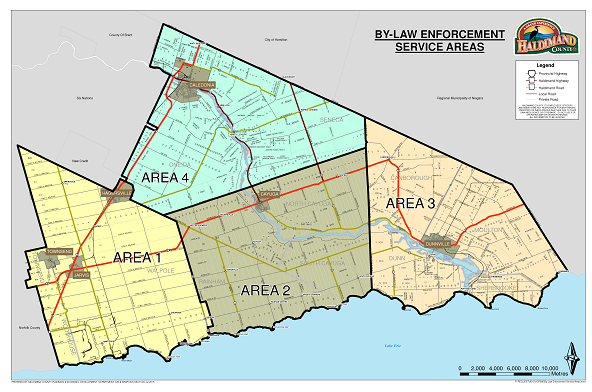A by-law enforcement service area map stating which areas are covered under certain by-laws