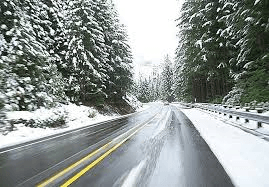wet road with snow covered trees