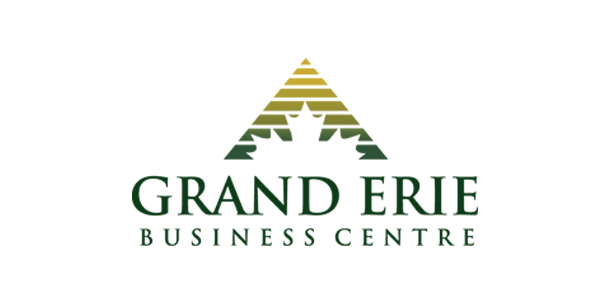 Grand Erie Business Centre logo. A pyramid with a cutout of a maple leaf sits above the words Grand Erie, stacked above the words Business Centre.