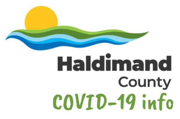 Haldimand County logo. A yellow sun setting over green and blue waves. Haldimand County spelled out in black text below. COVID-19 info written in green below Haldimand County.