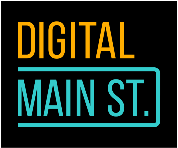Digital Main St. logo. Black background with Digital Main St. written in orange and turquoise lettering. 
