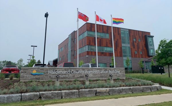 The Pride flag flies on a pole in front of the Haldimand County Administration Building in June 2021