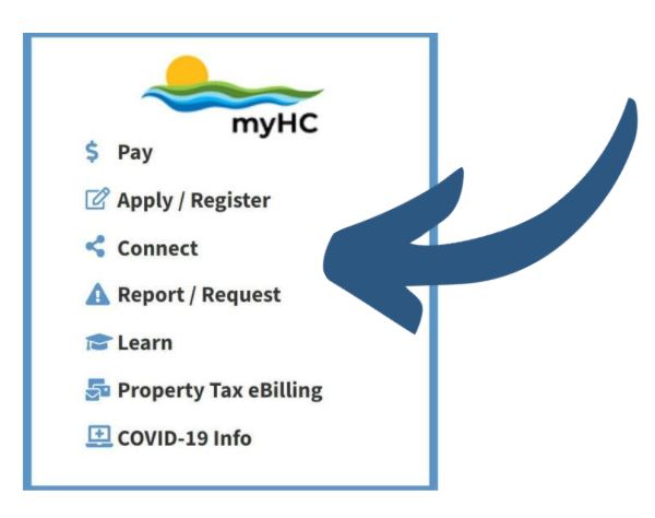 Navigation menu on Haldimand County website with an arrow pointing to online self service option links: Pay, Apply/Register, Connect, Report/Request, Property Tax eBilling and COVID-19 info.