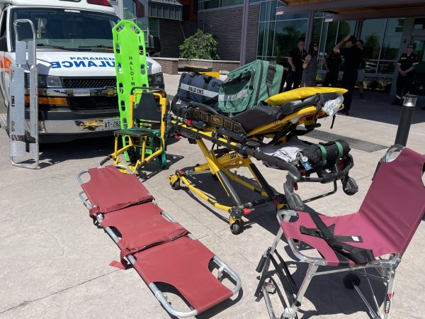 Unused medial equipment displayed in front of the County administration building that will be donated to Ukraine.