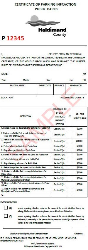 Sample of Haldimand County parks parking ticket